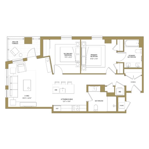 A floor plan of a house with a living room, kitchen, and two bathrooms.